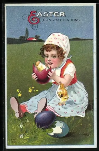 Präge-AK Kleines Mädchen mit Ostereiern und frisch geschlüpften Osterküken