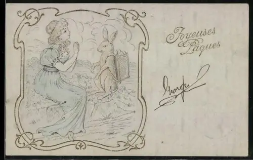 Präge-AK Mädchen und Osterhase mit Eierkorb