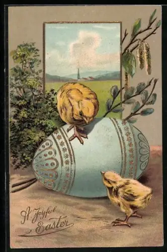 Künstler-AK Osterküken auf Osterei mit Frühlingslandschaft