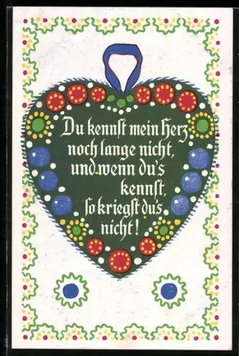 Künstler-AK Grünes Herz mit Liebesspruch, Lebkuchen
