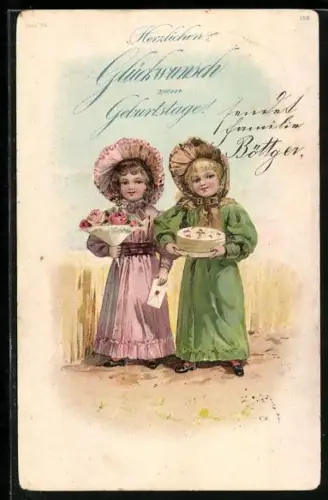 Lithographie Geburtstagsglückwünsche, Mädchen mit Torte und Blumenstrauss