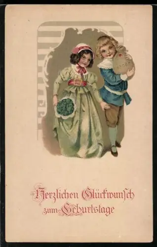 Präge-AK Mädchen und Bube mit Geldsack und Klee, Geburtstagsgruss