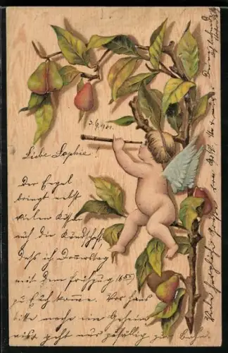 Lithographie Amor hält Ausschau durch ein Fernrohr vom Birnbaum aus