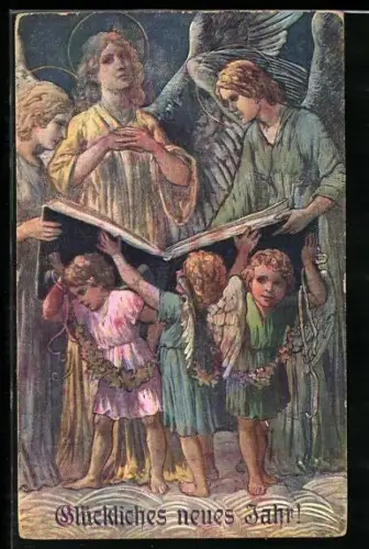 AK Neujahrsengel halten Notenbuch für grosse Neujahrsengel, die ein Lied singen
