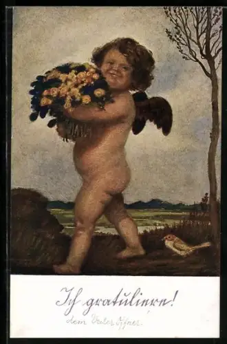 AK Engel mit Blumenstrauss