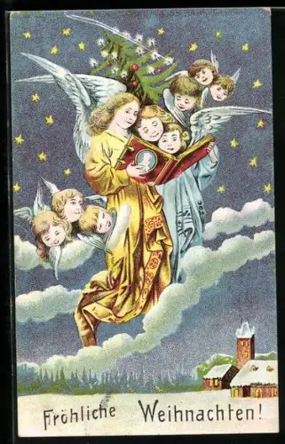 AK Weihnachtsengel singen schwebend über einer Kirche