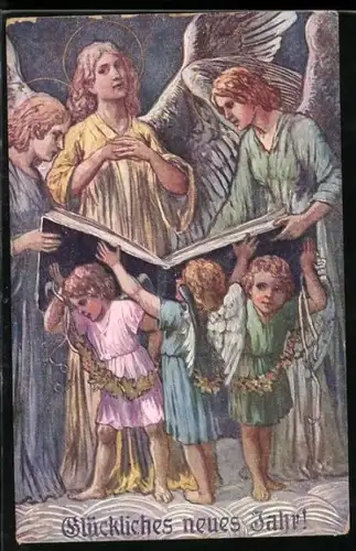AK Neujahrsengel singen, Liederbuch, Neujahrsgruss