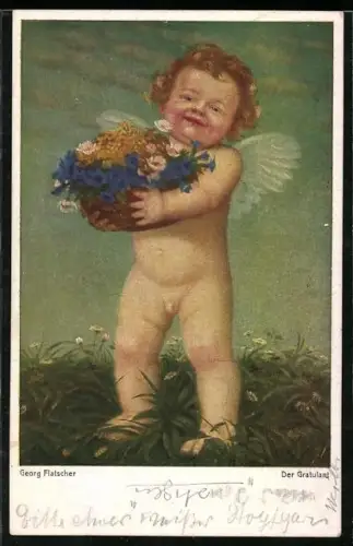 Künstler-AK sign. G. Flatscher: Der Gratulant, Putte mit Blumen