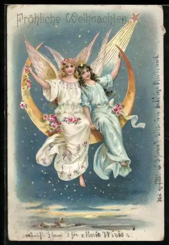 Lithographie Weihnachtsengel sitzen auf der Mondsichel und schweben über dem Himmel
