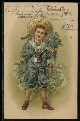 Präge-AK Knabe mit Blumenstrauss, Neujahrsgruss