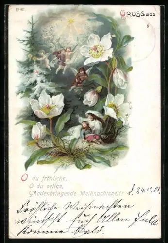 Lithographie Weihnachtsengel schweben vom Himmel zu Mutter und Kind unter Blumen