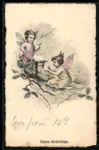 AK Zwei Weihnachtselfen mit einem Brief im Grünen