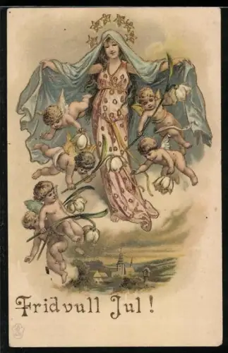 Lithographie Weihnachtsengel schweben unter dem Mantel der Jungfrau Maria