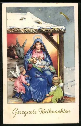 AK Maria mit Kind und Weihnachtsengeln im Stall