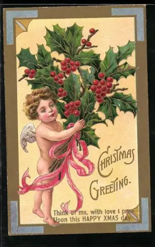 Präge-AK Weihnachtsengel mit grossem Stechpalmenstrauss