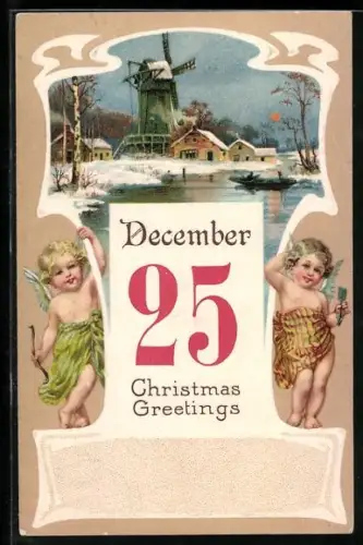 Präge-Lithographie Winteridylle mit Windmühle, Weihnachtsengel, Kalenderblatt