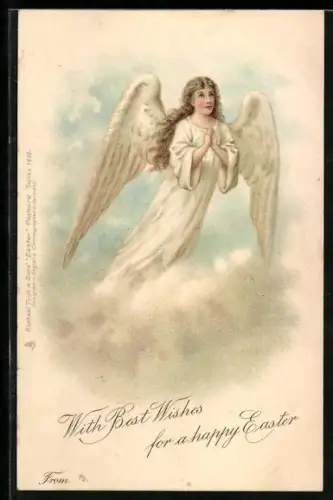 Lithographie Betender Osterengel über den Wolken, Ostergruss