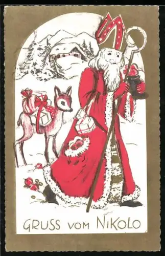 AK Nikolo mit geschenkbepacktem Rehkitz im Schnee