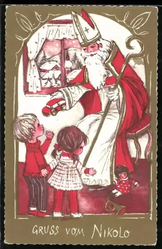 AK Nikolo beschert ein Kinderpaar mit Puppe u. Spielzeug-Auto