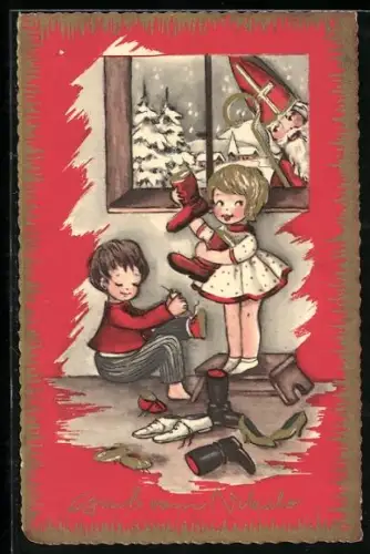 AK Nikolo schaut zum Fenster herein und sieht Kinderpaar mit Stiefeln
