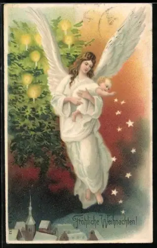 AK Schwebender Weihnachtsengel mit Kind auf dem Arm