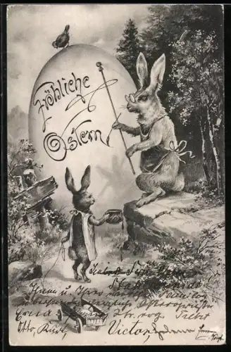 AK Osterhase bemalt ein grosses Osterei, Fröhliche Ostern!