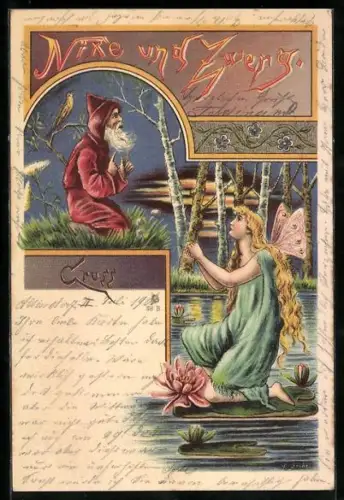 Künstler-AK Zwerg und Nixe an einem Teich, Nixe und Zwerg