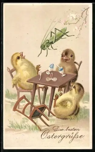 AK Osterküken erschrecken vor dem herannahenden Grashüpfer, Die besten Ostergrüsse