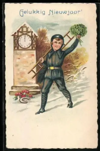 AK Kleiner Schornsteinfeger mit Kleeblätter und Fliegenpilzen