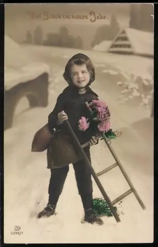 AK Kleiner Schornsteinfeger mit Leiter und Rosen, Neujahrsgruss