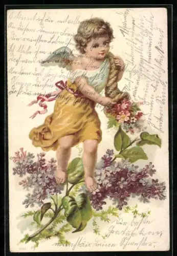 AK Kleiner Engel mit Füllhorn und Fliederblüten
