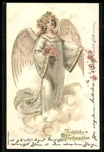 Präge-AK Weihnachtsengel streut Blumen vom Himmel