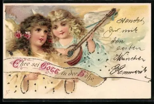 AK Ehre sei Gott in der Höhe, Kleiner Engel mit Laute