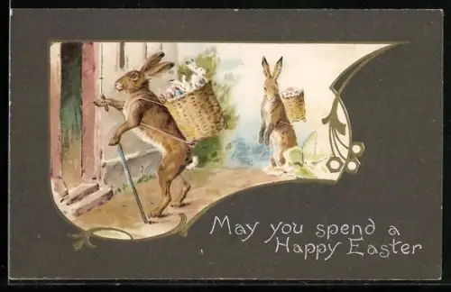 AK Osterhasen mit Körben voller Ostereiern