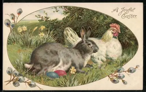 AK Osterhase und Huhn auf einer Wiese, Osterei-Passepartout