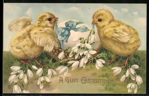 AK Zwei Osterküken mit Schneeglöckchen und Osterei