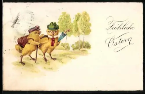 AK Osterküken mit Regenschirm und Stock gehen spazieren