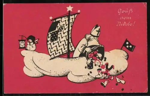 AK Nikolo auf einer Wolke verschüttet seine Gaben