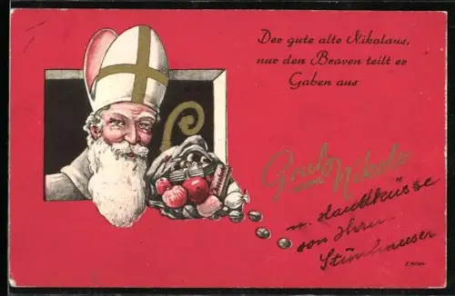 AK Nikolaus mit seinen Gaben am Fenster