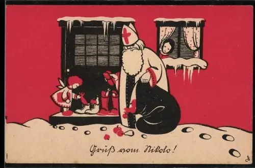 AK Nikolo mit einem Sack voller Geschenke