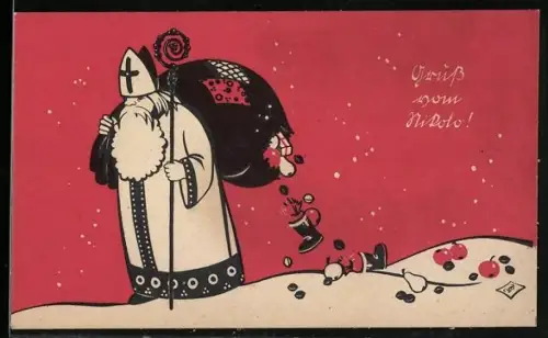 Künstler-AK Nikolo verliert Geschenke im Schnee