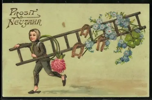 Präge-AK Kleiner Schornsteinfeger trägt eine geschmückte Leiter mit Hufeisen und Kleeblättern