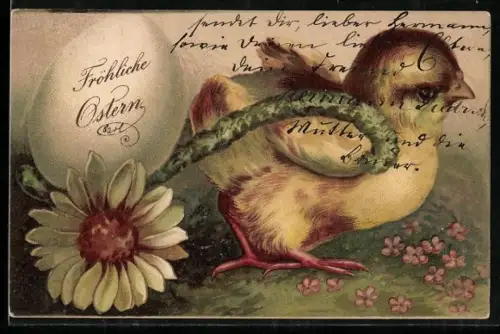 AK Osterküken zieht ein Ei im Blütenkarren