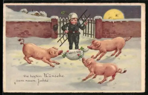 AK Kleiner Schornsteinfeger mit drei streitenden Glücksschweinen