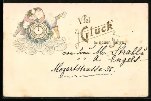 AK Drei Zwerge mit einer Uhr um Mitternacht, Neujahrsgruss