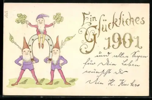 AK Drei Zwerge mit Hufeisen und Kleeblättern, Jahreszahl 1901