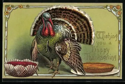 Präge-AK Truthahn mit einem Kuchen, Thanksgiving