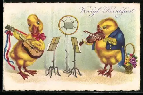 AK Osterküken spielen Geige und Gitarre