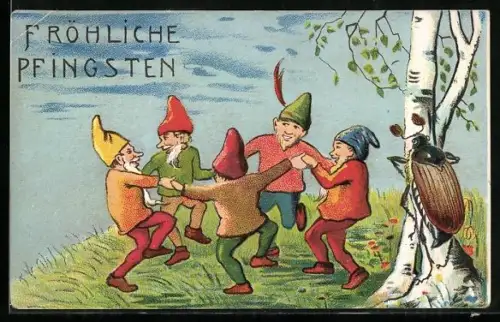 AK Tanzende Zwerge, Maikäfer auf einer Birke, Fröhliche Pfingsten