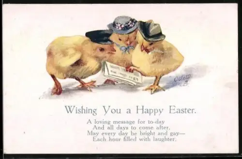 AK Drei Osterküken mit Hüten lesen die Zeitung